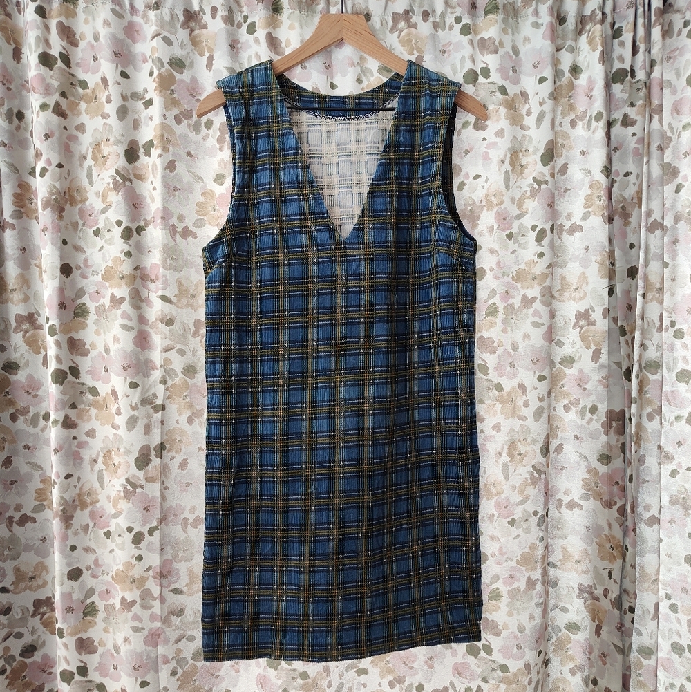 Blue Overall Dress Corduroy Tartan Plaid Sleeveless V-Neck Mini Short Medium